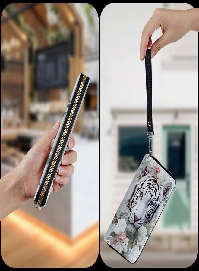 Mxfdegf Wristlet Wallet for Women Teen Girls RFID Blocking Credit Card Holder with Removable Wristlet, Leather Phone Wallet Clutch Large Capacity Ladies Travel Purse-White Tiger/Butterfly - Image 4